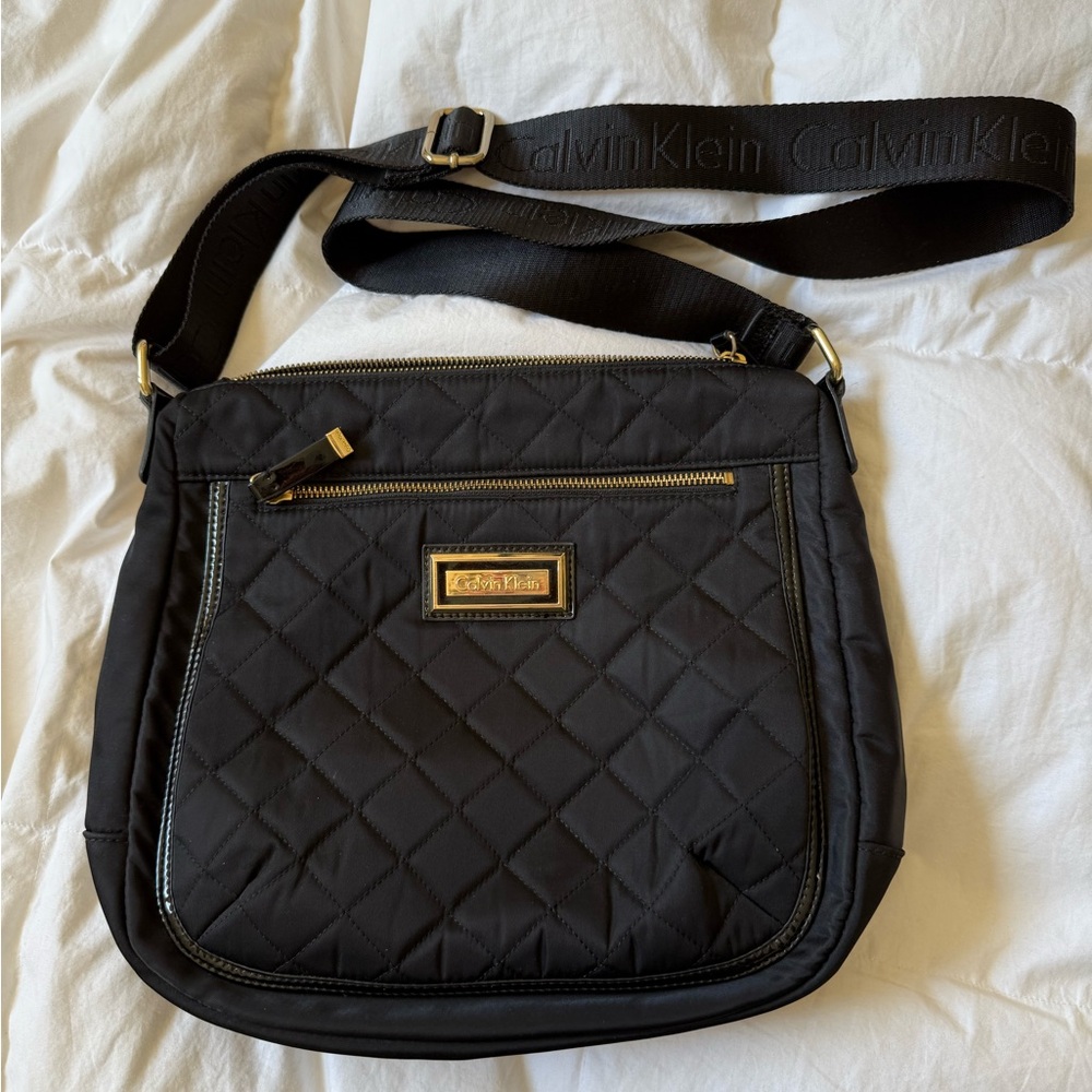 Calvin Klein Black Quilted Crossbody Bag with Gold Hardware